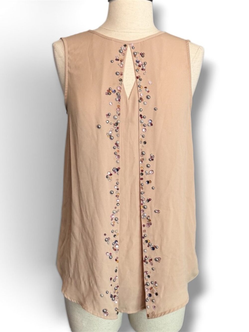 Upcycled Blush Nude Beaded Crystal Sleeveless Pleated Top Small
